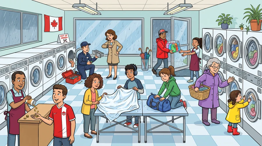 A busy laundromat with an attendant, a technician at an open washer, and people folding laundry.