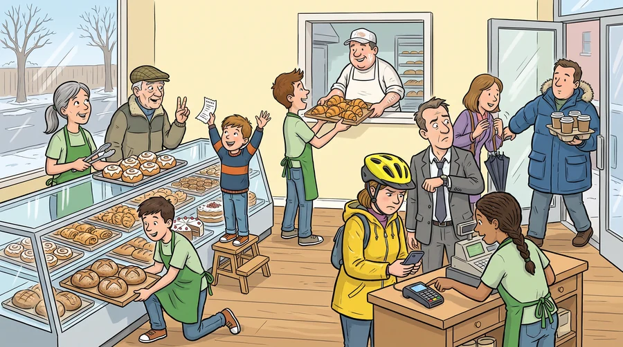 A crowded bakery with a display case, servers with tongs, a queue and a kitchen hatch.