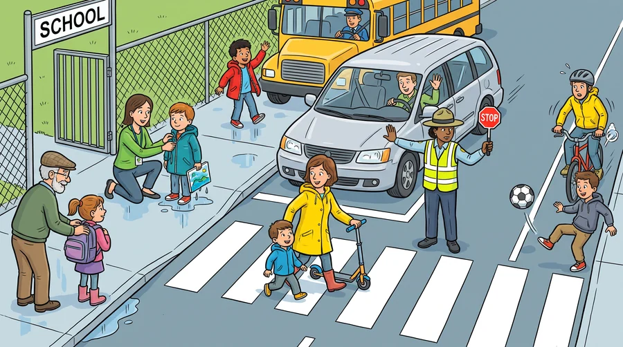 A school pickup zone with a crossing guard stopping a minivan and families at the gate.