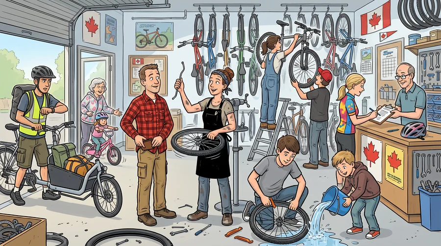 A crowded bike repair shop with mechanics at a repair stand and bikes on ceiling hooks.