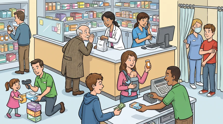 A busy pharmacy counter with a pharmacist, a technician on the phone and a clerk stocking shelves.