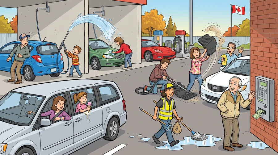 A self-serve car wash with people spraying, vacuuming, shaking mats and waiting in a queue.