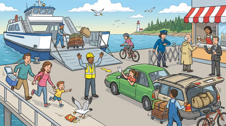 A ferry terminal ramp with cars loading, a marshall waving, foot passengers and a late family running.
