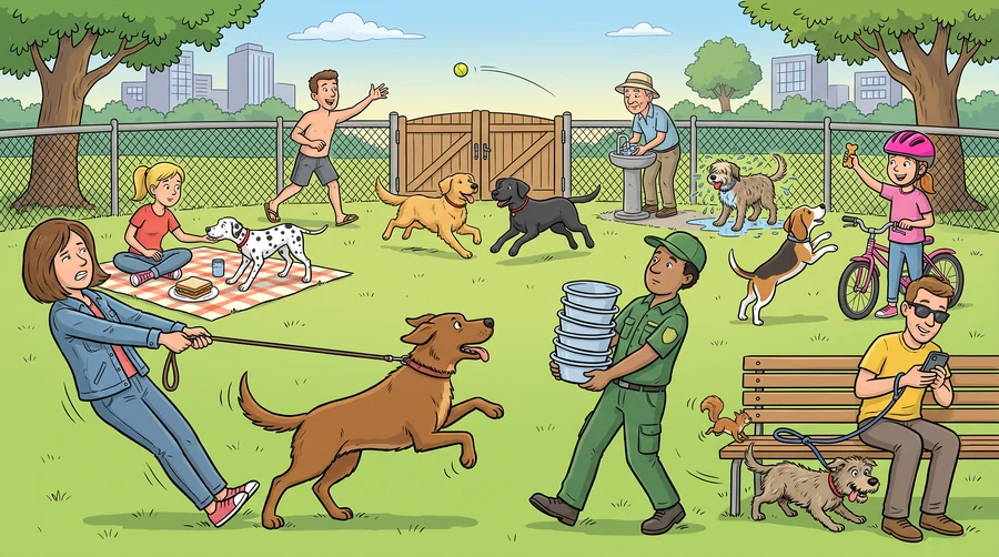 A fenced off-leash dog park with owners, a dog straining at a lead and a ball mid-air.