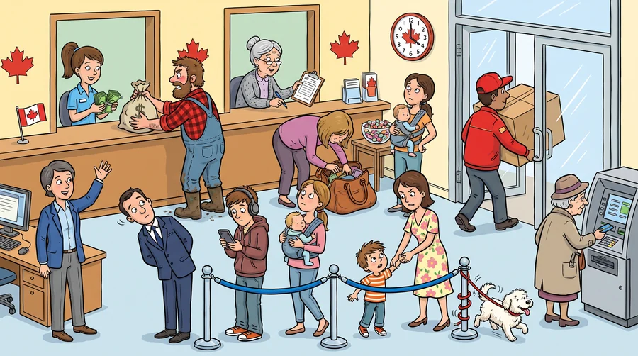 A bank branch with tellers, a long queue, a courier at the door and a child reaching for candy.