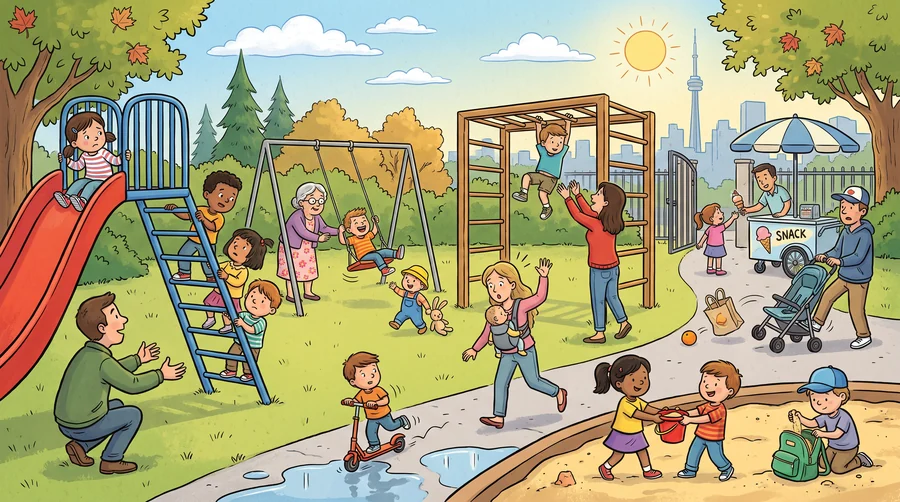 A neighbourhood playground with a slide, swings, a sandbox, a snack cart and a wobbling scooter.