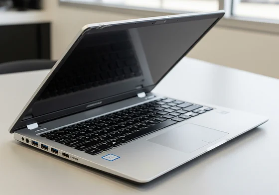 A silver refurbished 14 inch laptop open at an angle, showing a full size keyboard and side ports.