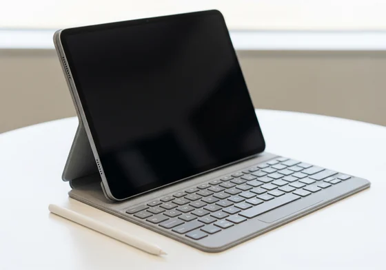 A small tablet standing in a fabric keyboard cover, with a slim white stylus beside it.