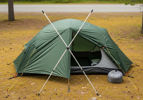 A dark green dome tent pitched on mossy ground, with a small open vestibule at the door.
