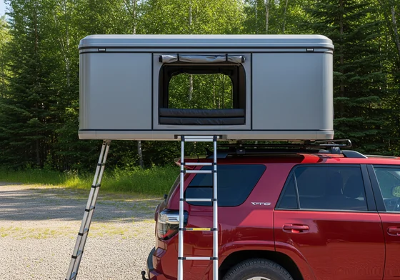 A grey rooftop tent opened on the roof of an SUV, with a folding ladder down to the gravel.