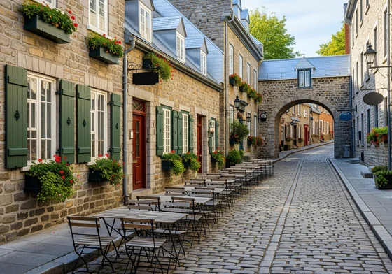 A narrow cobbled street in Old Quebec City rising between stone buildings, with empty cafe tables outside.