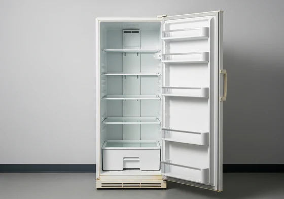 A tall used white fridge with its door open, showing five wide empty shelves and deep door racks.