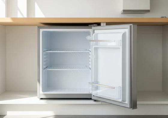 A small stainless steel under counter fridge open beneath a wooden counter, showing two short shelves.