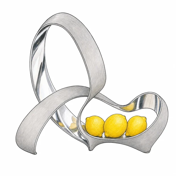 A twisted steel ribbon bent into a crossing loop, cradling three lemons at its low dip.