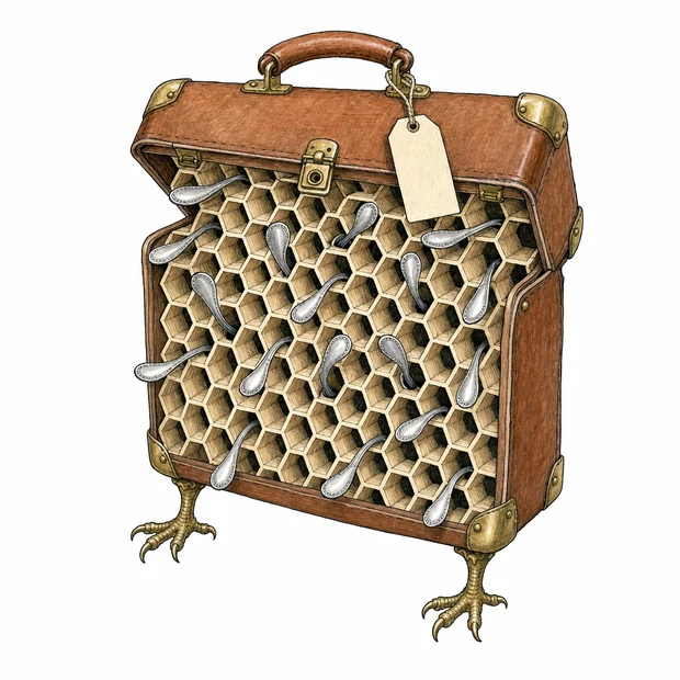 An upright leather suitcase packed with a wooden honeycomb sprouting teaspoons, standing on brass bird feet.