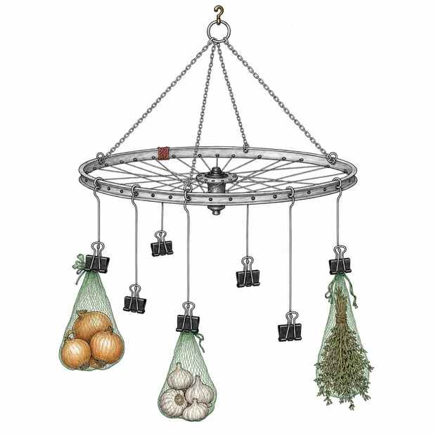 A bicycle wheel hanging flat like a chandelier, ringed with clips and mesh vegetable bags.