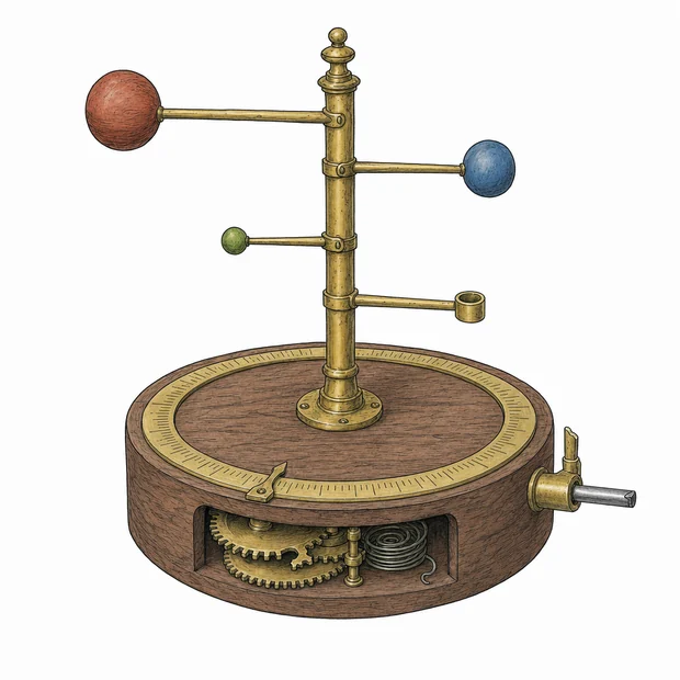 A brass column on an oak base with four arms ending in balls, one socket empty.
