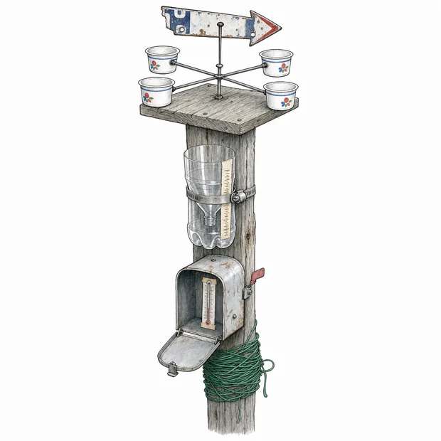 A weathered post topped with yogurt-cup spinners, a licence plate arrow and a cut-bottle funnel.